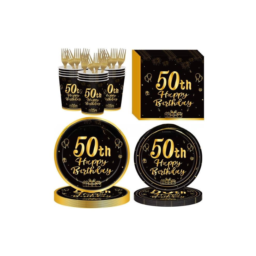 Disposable Tableware For 50Th Birthday Events, Black And Gold Party Decorations Set With Premium Material Construction, Happy 50Th Birthday Themed 9009791633238