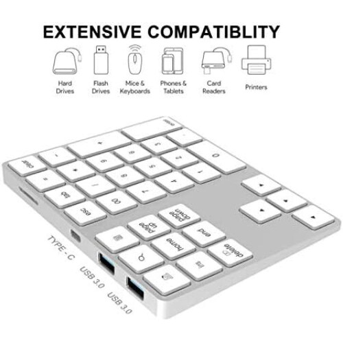 External Numpad Keyboard, 34-Key Design for Rapid Number Entry, Portable Bluetooth Numeric Keypad with USB-C Hub Function, Multi-interface Use, 1