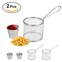 Dipping Sauce Serving Set, Stainless French Fries Basket with Multifunctional Kitchen Cooking Basket Features, Includes Seasoning Cups and Long