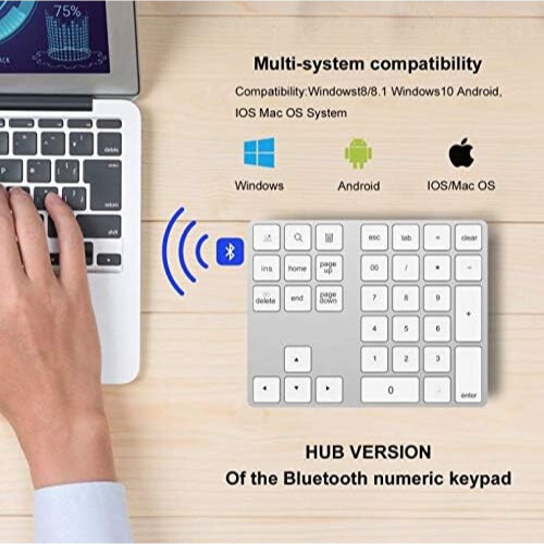 External Numpad Keyboard, 34-Key Design for Rapid Number Entry, Portable Bluetooth Numeric Keypad with USB-C Hub Function, Multi-interface Use, 2
