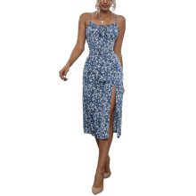 (XL, Blue) Rochie de vară crăpătură înaltă
