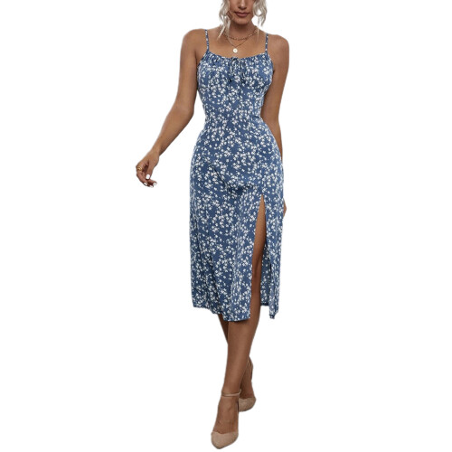 (XL, Blue) Rochie de vară crăpătură înaltă