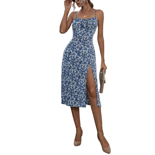 (XL, Blue) Rochie de vară crăpătură înaltă 1