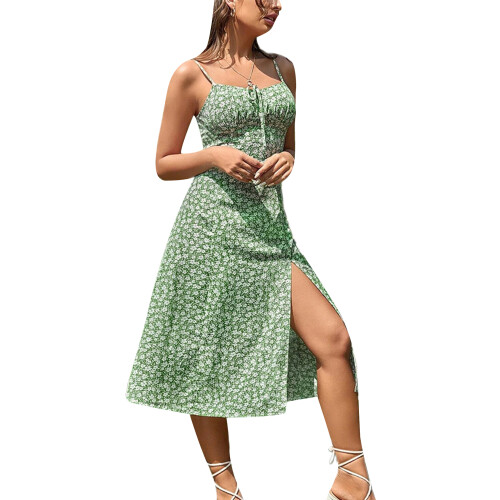 (XL, Green) Rochie de vară crăpătură înaltă 1