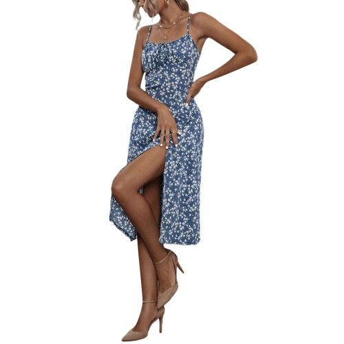 (XL, Blue) Rochie de vară crăpătură înaltă 2
