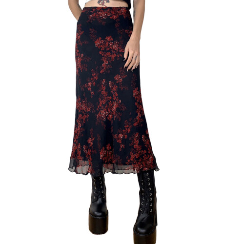 (M, Navy) Jupe fleurie vintage sorties décontractées.