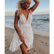 (XL, White) Dámské letní šaty bez rukávů, boho šaty s V výstřihem a vysokým pasem