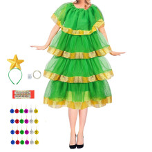 (L, Green) Dámsky vianočný outfit, vrstvené vianočné šaty s čelenkou, svetelné gule, cosplay kostým