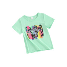 (7-8 Years, Green) T-shirt d'anniversaire pour fille, imprimé léopard et lettres, manches courtes, col rond, haut graphique d'été
