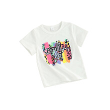 (3-4 Years, White) T-shirt d'anniversaire pour fille, imprimé léopard et lettres, manches courtes, col rond, haut graphique d'été