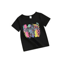 (4-5 Years, Black) T-shirt d'anniversaire pour fille, imprimé léopard et lettres, manches courtes, col rond, haut graphique d'été