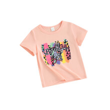 (3-4 Years, Pink) T-shirt d'anniversaire pour fille, imprimé léopard et lettres, manches courtes, col rond, haut graphique d'été