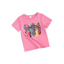 (4-5 Years, Rose Red) T-shirt d'anniversaire pour fille, imprimé léopard et lettres, manches courtes, col rond, haut graphique d'été