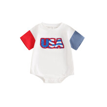 (12-18 Months, White) Combinaison bébé unisexe, manches courtes, col rond, broderie, body d'été, tenue parfaite pour la fête nationale.