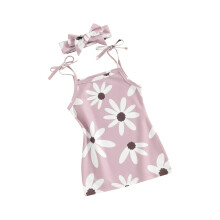 (6-12 Months, Purple) Ensemble d'été 2 pièces pour petite fille : robe spaghetti à col carré et bandeau fleuri.