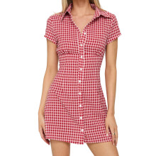 (L, Red) Robe-chemise à carreaux streetwear d'été