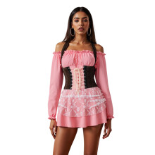 (S, Pink) Costume de pirate pour femme : robe courte contrastée à manches longues, tenue de cosplay pour Halloween, soirée, club ou scène.