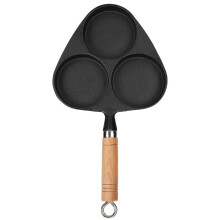 Pre Seasoned Egg Frying Pan Nonstick Cast Iron Skillet Three Hole Design For Eggs Pancakes Wooden Handle Heat Resistant Works On Gas Halogen Ceramic