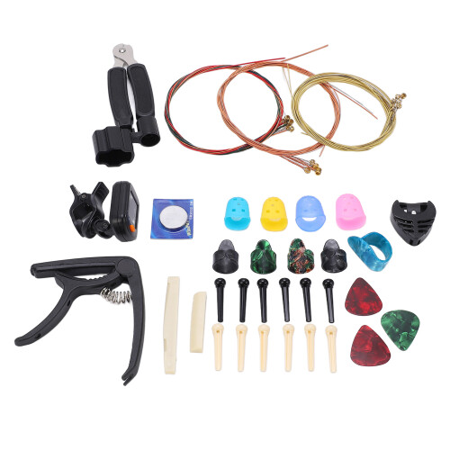 Guitar Accessories Kit with Tuner, Strings, 3-in-1 String Changer & Bridge Pin