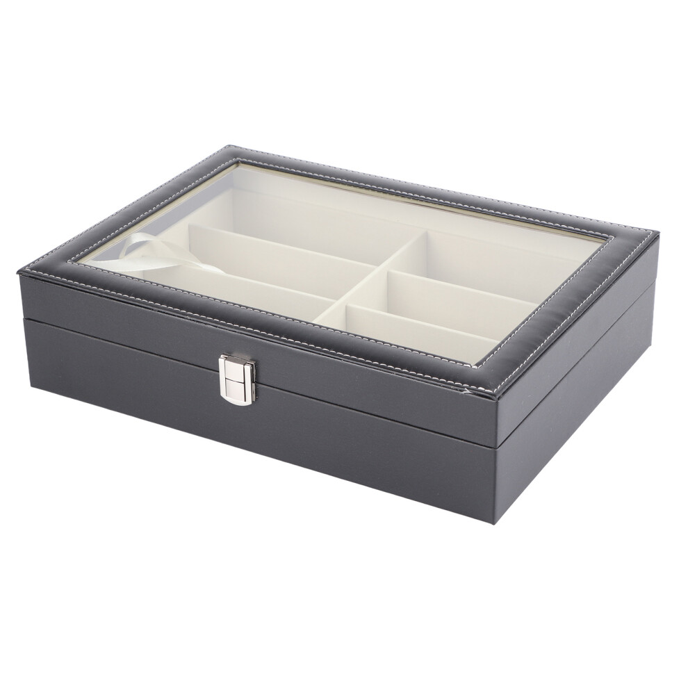 Large 8-Slot Transparent Glasses Organizer, Black PU Leather Storage Case