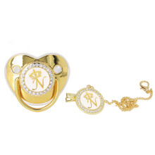 Chupeta personalizada com strass para bebê, design curvo com prendedor, chupeta infantil com strass e corrente para acalmar e confortar, dourada.