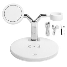 Alt-i-en-løsning trådløs opladningsstation, magnetisk justering, hurtigoplader til mobiltelefoner, ure og øretelefoner, ergonomisk omgivende lys
