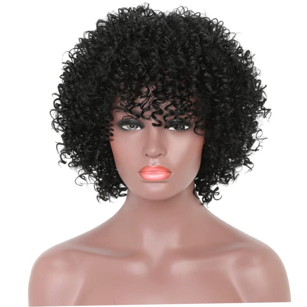 Unisex Black Short Curly Wig Brazilian Remi Hair Full Head Curly Wig No Glue No Lace Front Women Wig