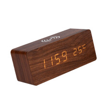 Digitaler Holz-Wecker mit kabellosem Laden, LED-Zeit, Temperatur & Datum, braun