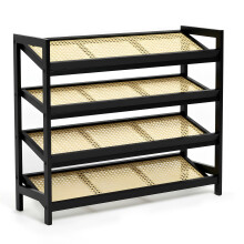 KEPLIN Bamboo and Rattan Shoe Rack Organiser, Black and Natural, 4 Tier