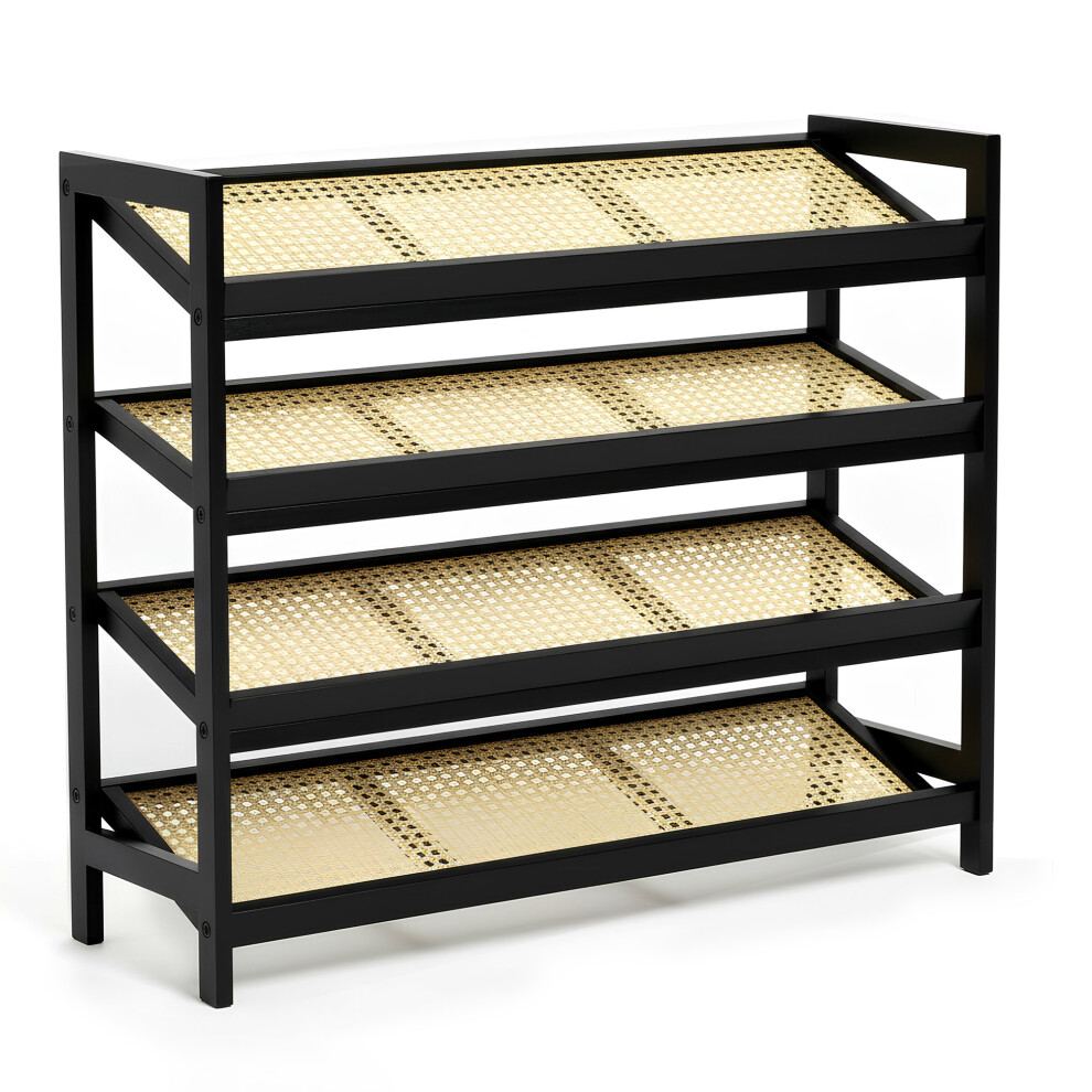 Keplin Bamboo And Rattan Shoe Rack Organiser, And Natural, 4 Tier Black