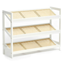 KEPLIN Bamboo and Rattan Shoe Rack Organiser, White and Natural, 3 Tier