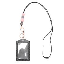 Silicone Beaded Retractable Lanyard with Transparent ID Holder Pink C