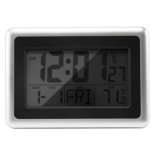 Digital Wall Clock, Large Lcd Display, Battery Operated, Indoor Temperature, Calendar, Table Standing, Snooze Without Back Light (Silver)
