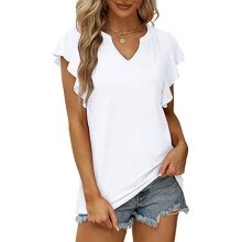 Women's Casual Tops with Ruffle Sleeve, V Neck Short Sleeve Loose Fit Tunic Blouse, Soft Comfortable Lightweight Knit Shirt for Versatile Style,