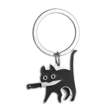 Portachiavi con gatto nero carino, portachiavi per partner, fantastica decorazione per gatti, portachiavi personalizzato in acciaio inossidabile per