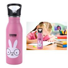 Niedliche pinke Hasen-Kinder-Sportwasserflasche aus Edelstahl, 500 ml, mit Saugring