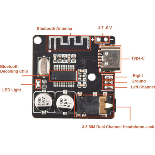 Audio Receiver Board 2Pcs VHM314 Bluetooth 5.0 MP3 Lossless Decoder Wireless Stereo Music Module TypeC 1