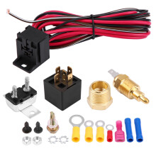 Elektrische koelventilatorthermostaatset met temperatuursensor, schakelaar, 40A-relais en messing adapter voor 12V-systemen. Eenvoudige installatie
