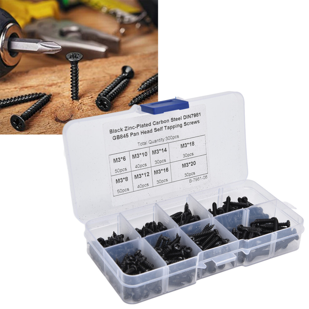 Self Tapping Screws 300Pcs M3 Black Carbon Steel Cross Pan Head Assortment Kit 7681376812973