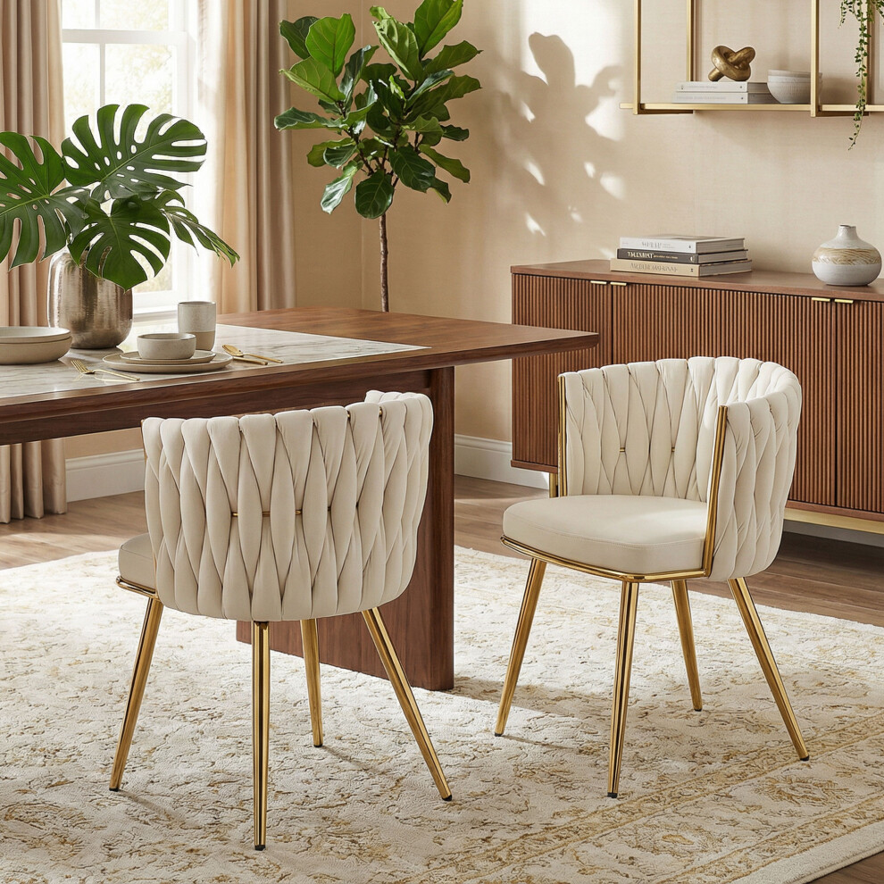 Homcom (Cream) Upholstered Kitchen Chairs Set Of 2 With Woven Backrest
