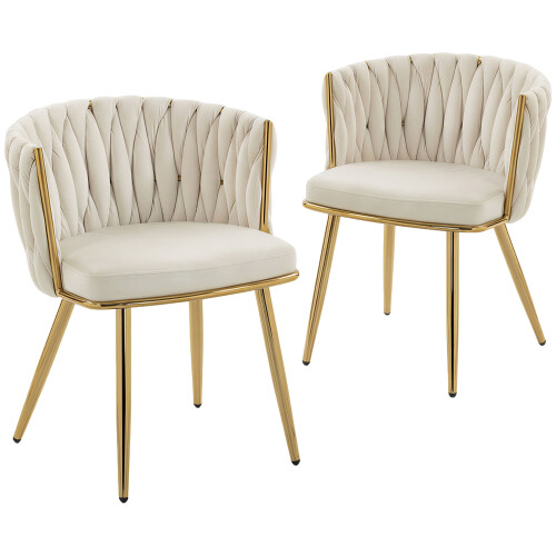 Homcom (Cream) HOMCOM Upholstered Kitchen Chairs Set of 2 with Woven Backrest 1