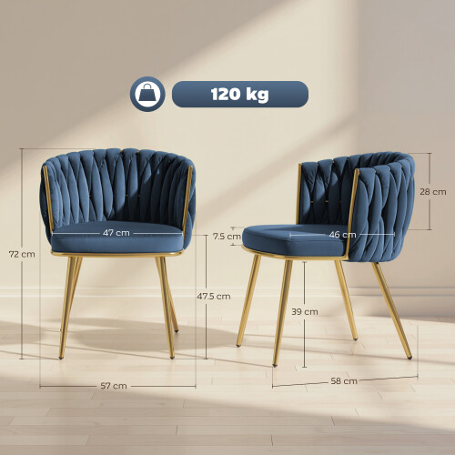 Homcom (Blue) HOMCOM Upholstered Kitchen Chairs Set of 2 with Woven Backrest 2