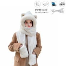 3-in-1 USB riscaldato in peluche con cappuccio, cappello, sciarpa e guanti