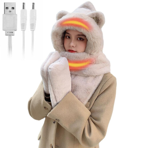 3-in-1 USB riscaldato in peluche con cappuccio, cappello, sciarpa e guanti 1