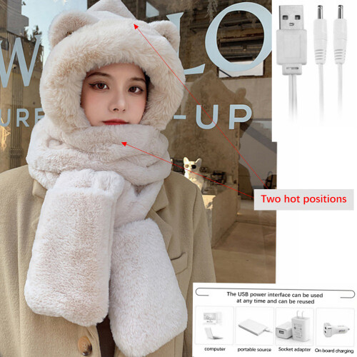 3-in-1 USB riscaldato in peluche con cappuccio, cappello, sciarpa e guanti 2
