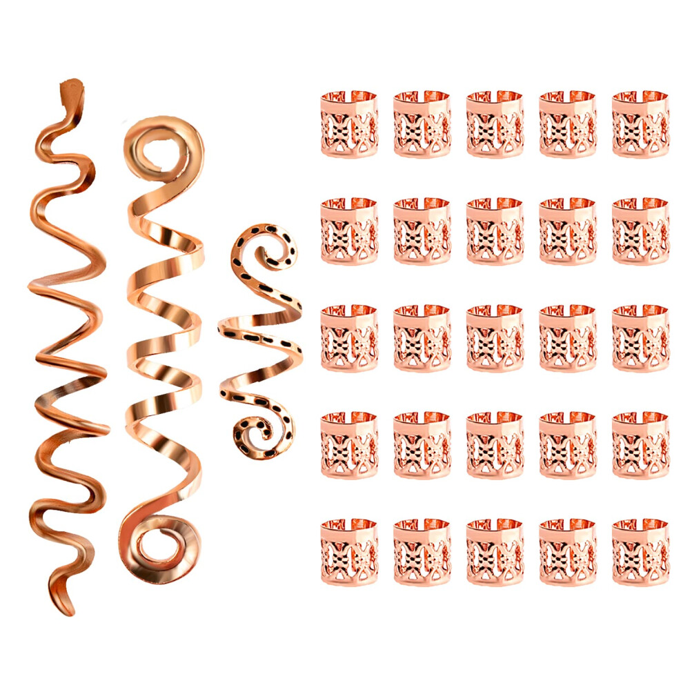 Unisex Gold Hair Beads For Braids 28 Pcs Rose Hair Jewelry Rings, Hair Cuffs Loc Accessories, Spiral Coils Dreadlocks Beads