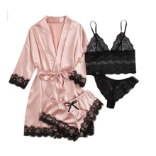 Completo pigiama in raso da donna, canotta con bordo in pizzo floreale e vestaglia, set pigiama comodo in tessuto morbido e leggero con vestaglia con
