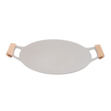Grill Pan for Indoor Outdoor Use, Nonstick Korean BBQ Grill Pan with Wooden Handle, Cast Aluminum Round Griddle for Gas Stovetop and Induction