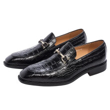 Men's Loafer Shoes, Tassels And Crocodile Pattern Design Elegant Slip-On Dress Loafers, Genuine Leather Formal Shoes With Gold Chain Detail For