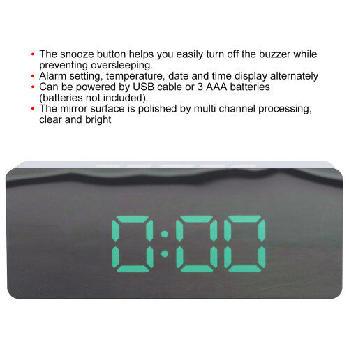 LED Mirror Alarm Clock with Snooze, 14x5.5x3.4cm White Shell 2